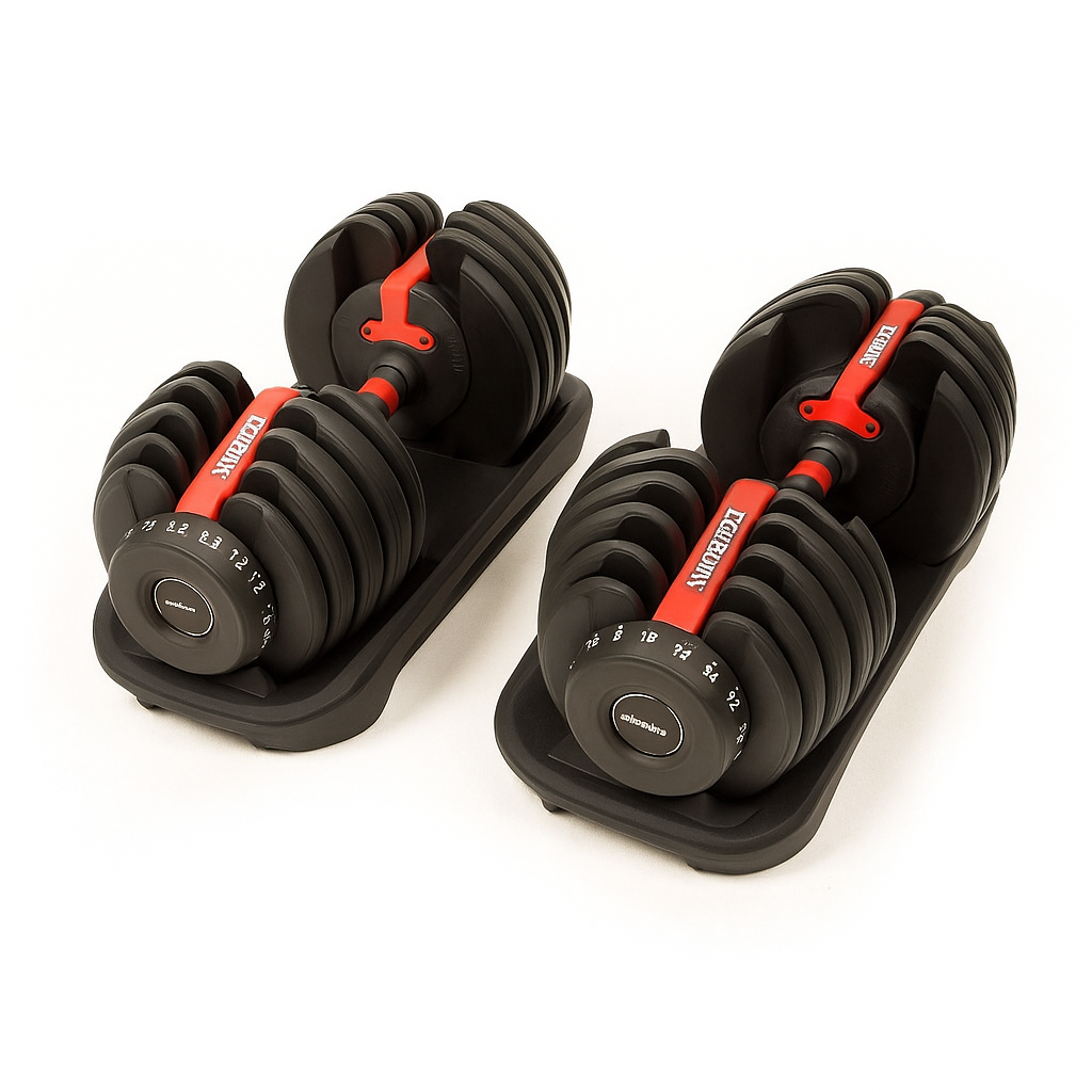 Adjustable Dumbbells (Set of 2) + Stand – 10 lb to 90 lb